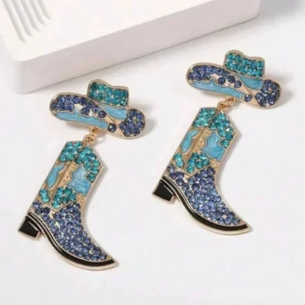 ⭐️❤️ FREE Rhinestone Cowboy Boots Nashville Party Hipster Rock Country Earrings
